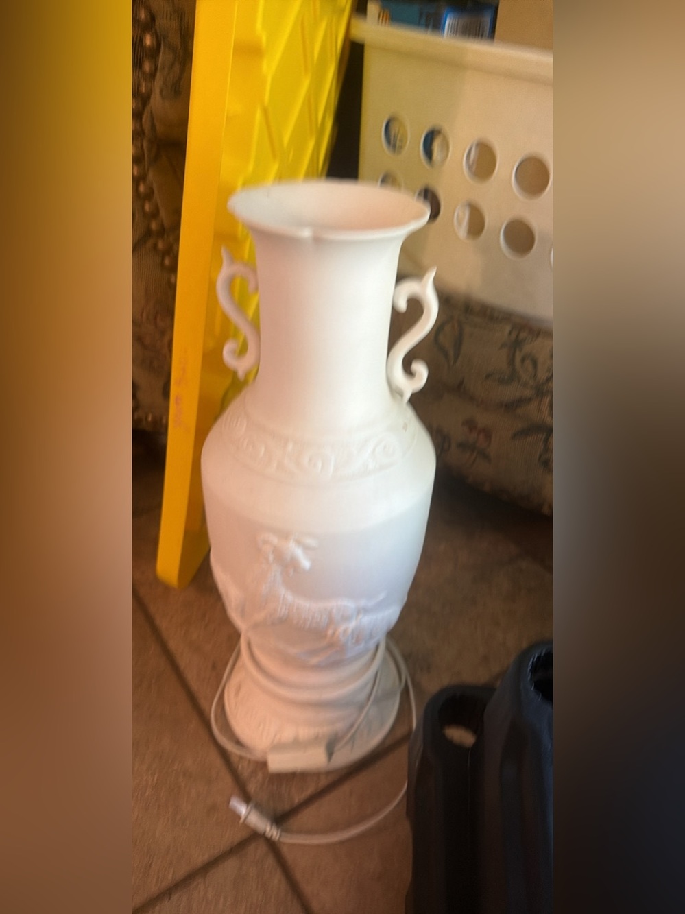 White Decorative Ceramic Urn Vase with Sculpted Handles - Home Accents